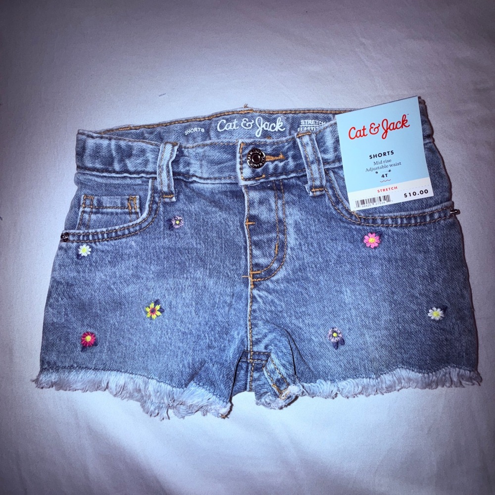 Cat & Jack Denim Shorts Kids 4T Blue New Floral Embroidered Adjustable Waist